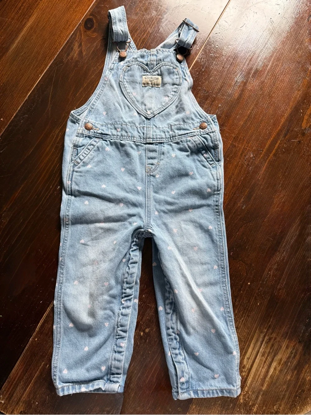 OshKosh B'gosh Light Blue Denim Overalls with Pink Heart Accents